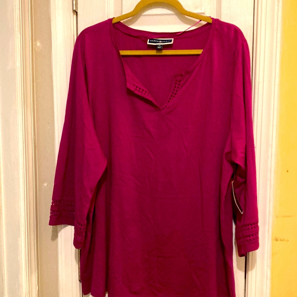 Karen Scott Burgundy Long Sleeve Top Size 2X with embroidery V-Neck/Sleeves